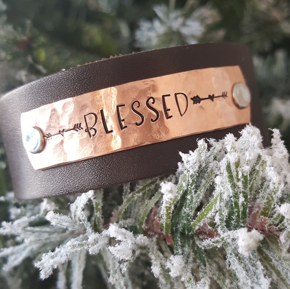 Handstamped Leather/Copper Statement Cuff